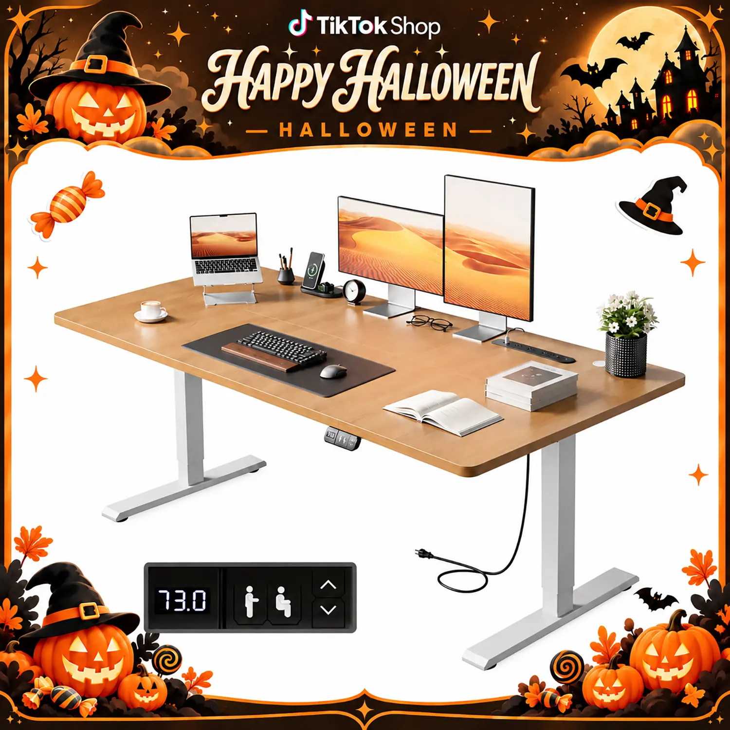 Electric Height-Adjustable Gaming PC Standing Desk, Modern Ergonomic Sit-Stand Smart/Touch Control Gaming Furniture, Pre-Assembled Home Office Desk with Power & USB Ports, Control Panel