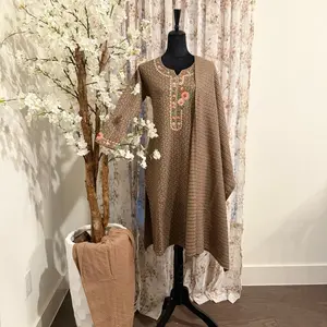 Woolen Kurtha Set - Brown Color with Floral Embellishment on Mannequin Display