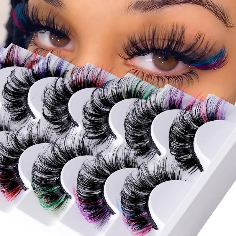 Colorful Wispy Cat Eye Look Faux Cluster Lashes, Fluffy Eyelash Clusters, 7 Pairs Fluffy False Eyelashes, Natural Curling Eye Makeup Strip Lashes, Full Volume Eyelash for Lashes Extension
