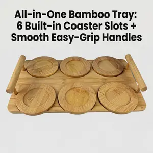 Bamboo Serving Tray with Handles, Multi-Purpose Storage Tray for Tea Cups, Coffee Cup & Saucer Organizer for Home Kitchen