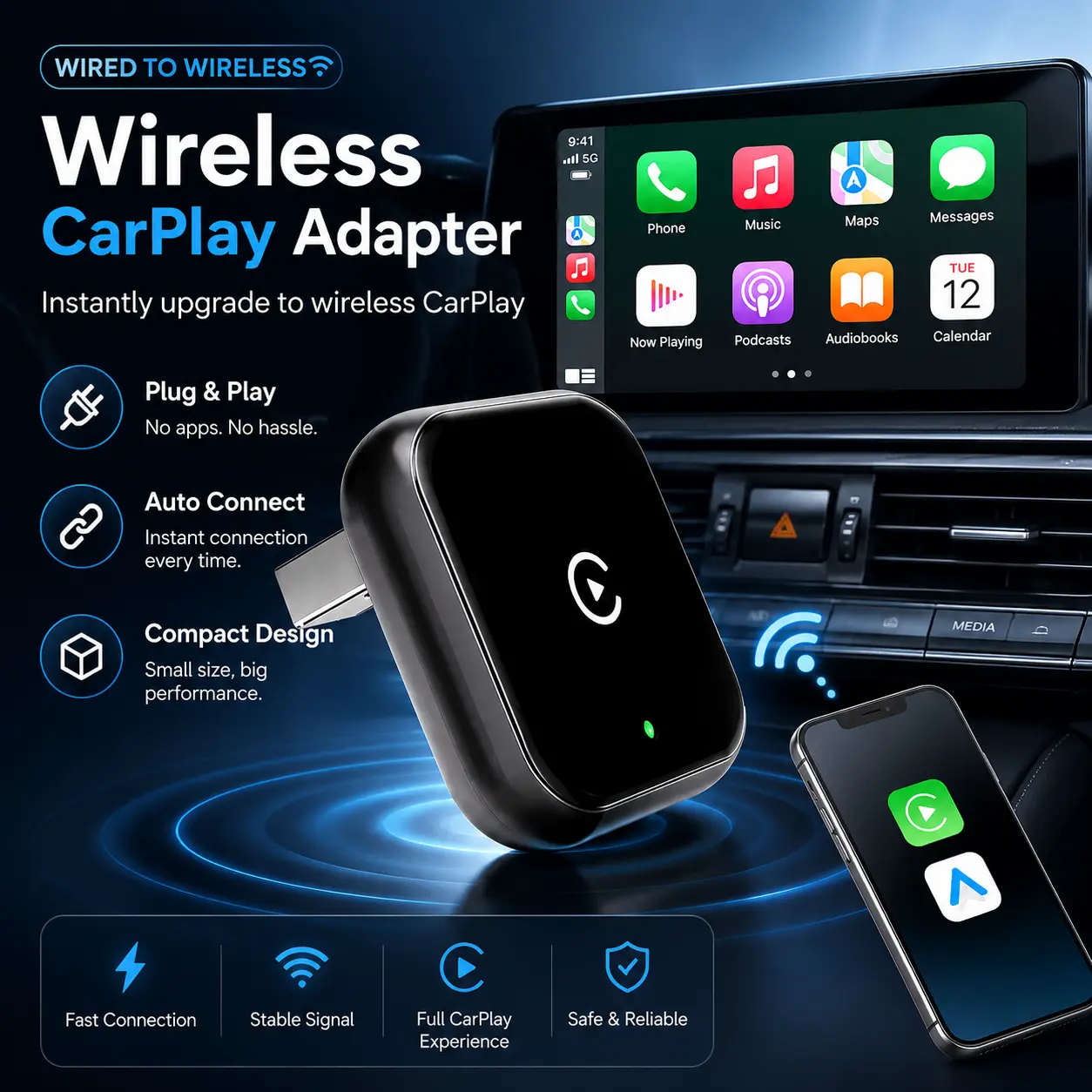 2026 latest model 2 in 1 Wireless  CarPlay Adapter, for Both Apple and Android, Converts Wired to Wireless,Fast Connection, No Latency
