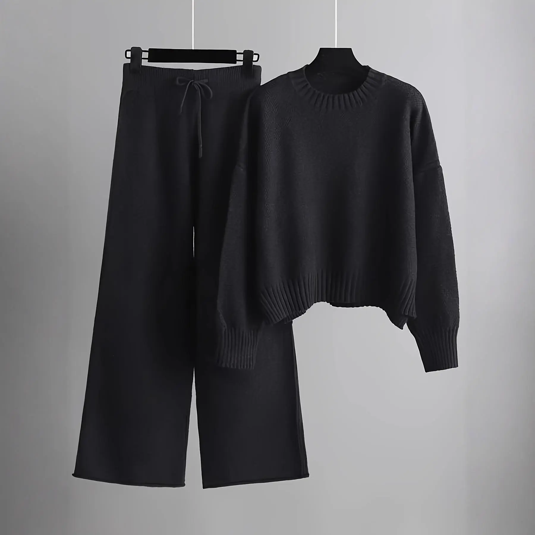Women's Oversized Round Neck Sweater & Wide-Leg Pants Two-Piece Set , Drop Shoulder Long Sleeve Pullover with Ribbed Texture, Loose Fit Trousers for Fall Winter Warmth, Women 2 Piece Sweater Outfits