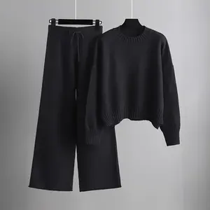 Women's Oversized Round Neck Sweater & Wide-Leg Pants Two-Piece Set , Drop Shoulder Long Sleeve Pullover with Ribbed Texture, Loose Fit Trousers for Fall Winter Warmth, Women 2 Piece Sweater Outfits