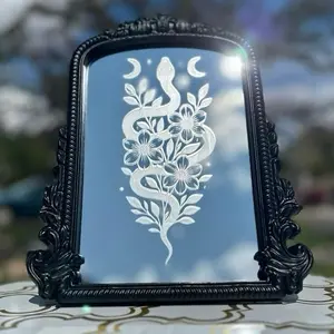 Celestial Snake Floral Mirror – Hand Etched Moon Phase Decor, Witchy Wall Art, Serpent Garden Mirror, Mystical Glass Etching