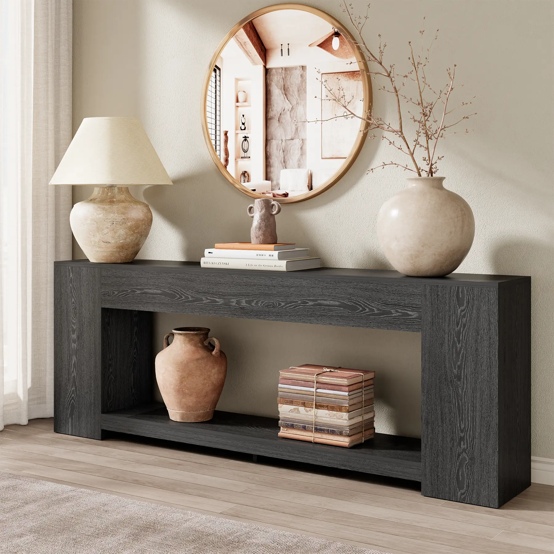 Extra Long Console Table for Entryway Black, 86-Inch Entryway Table with Storage Shelves, 2-Tier Modern Couch Table Behind Sofa for Living Room, Entrance, Black