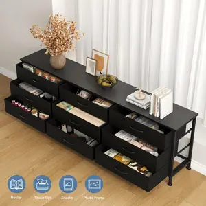 Cabinet For Living Room With 9 Fabric Drawers Long Entertainment Center Up to 75 Inch TV Storage Display Of Furniture