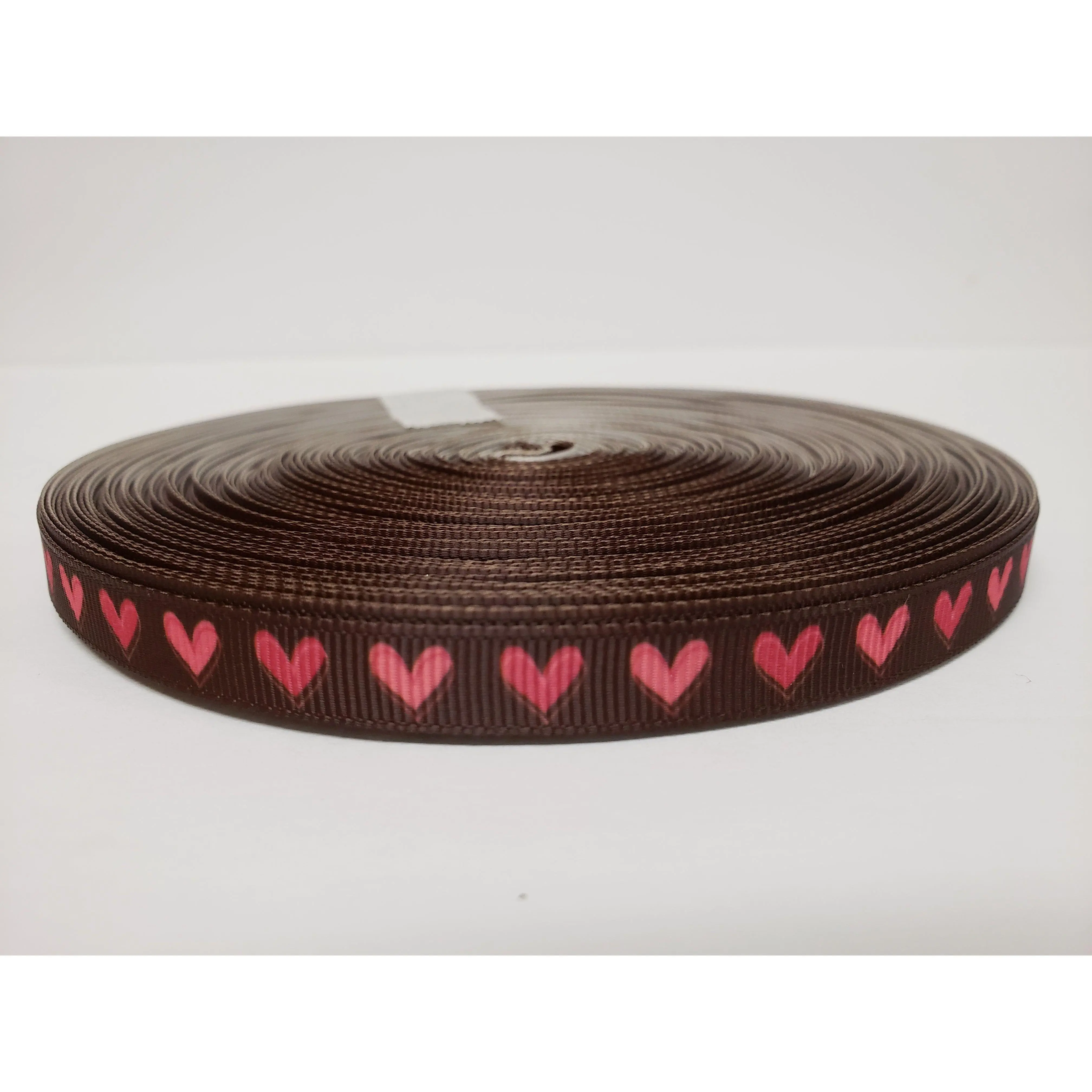 Valentine's Day - Pink Hearts - Brown Grosgrain Ribbon 3/8" Width - By the yard