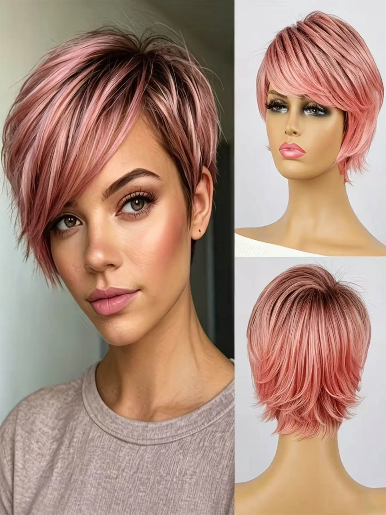 Summer Fashion Women's Short Lightweight Pixie Wig, Ombre Synthetic Hair, Layered Straight Style, Beginner Friendly Wig, Synthetic Wigs
