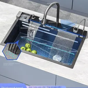 2025 Integrated Waterfall Kitchen Sink Honeycomb Technology Large Digitial Display Stainless Steel Soap Dispenser Cup Washer