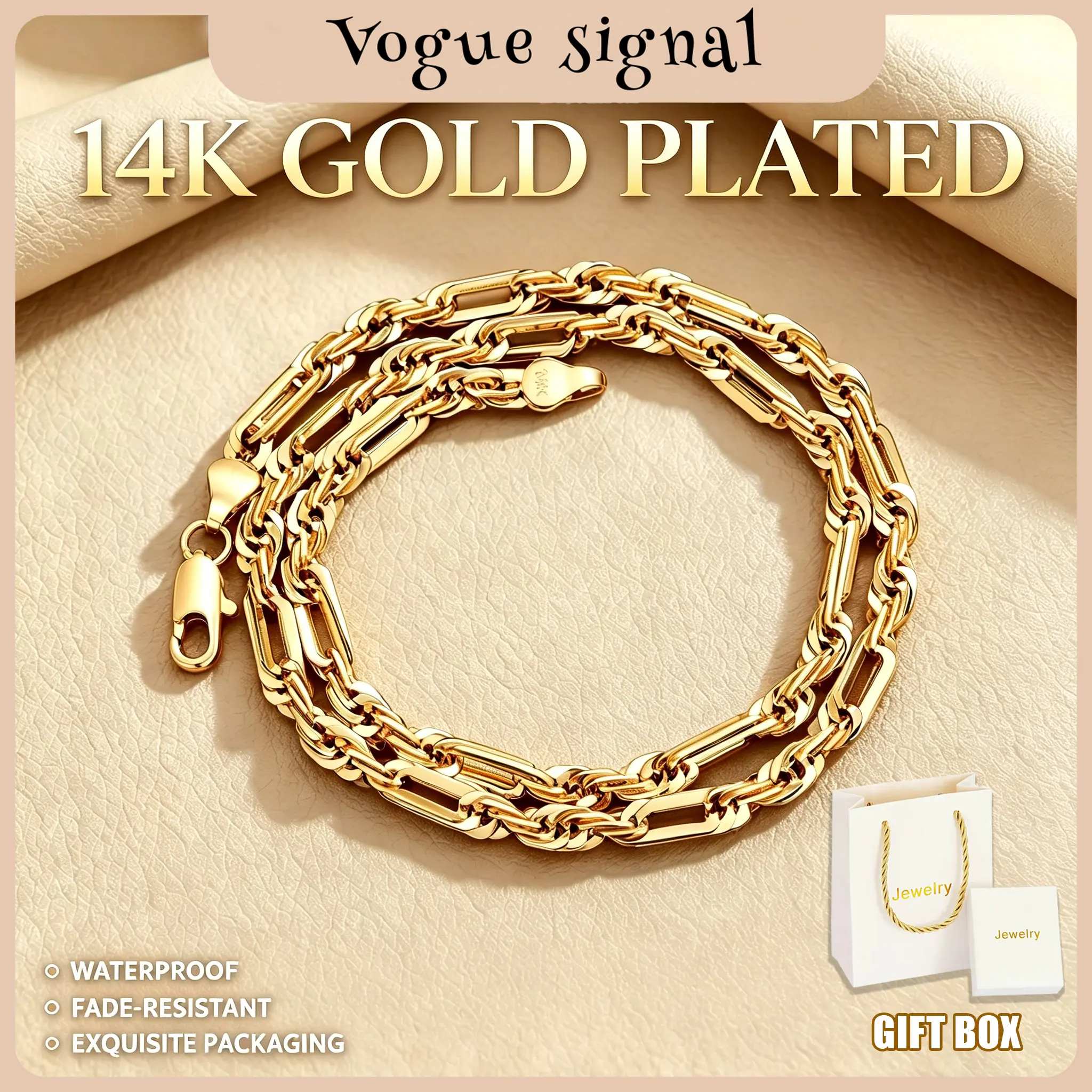 [New] 14K Gold Plated Figaro Twist Chain Necklace - Waterproof, Fade-Resistant & Hypoallergenic & Non Tarnish Jewelry for Men & Women Gifts Ideas