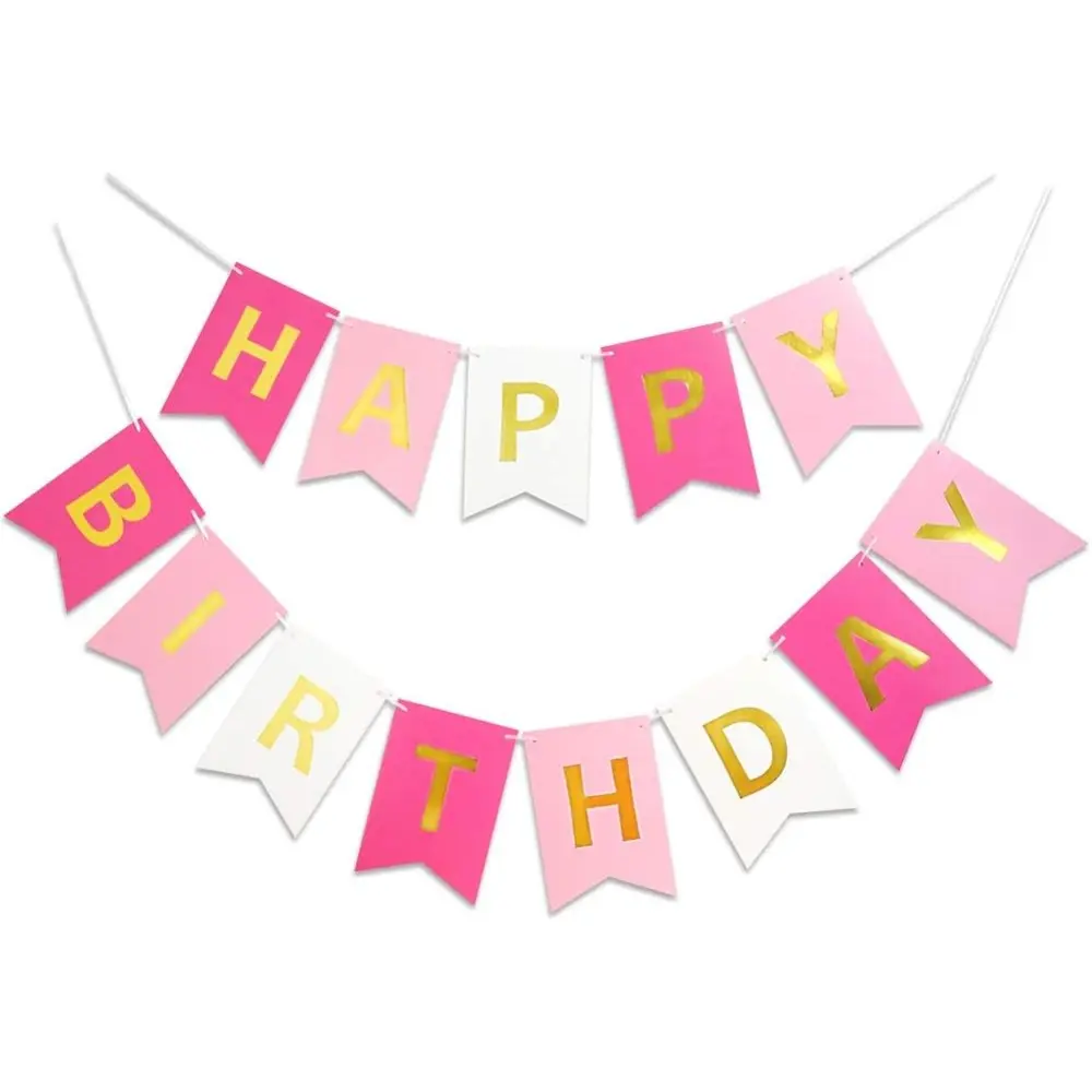 Girls' 13-Piece Pink Satin Happy Birthday Banner - Golden Sparkle, Feminine 2-Strand (8.2ft+6.6ft) Card Stock Decor, Festive Backdrop & Photo Prop, Home Nursery Decoration Party Supplies, Two Strands