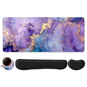 4pcs Purple and Gold Marble Pattern Design Mouse Pad + Keyboard Wrist Rest + Ergonomic Mouse Pad + Coaster Set For Desktop Decoration, Office Accessories Set Ergonomic Wrist Support, Computer Mat Mouse Pad Coaster Suitable For Home Office Gaming