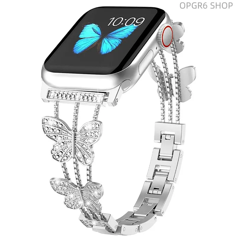 Luxury Rhinestone Encrusted Small Butterfly Metal Strap For Apple Watch All Series 1 to 9, Elegant Diamond Wristband Cross-Border Supply