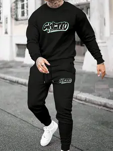 Fashionable and personalized two-piece men's set with long sleeves and pants printed with "GHETTO graffiti letters" for daily casual wear, simple round neck long sleeves for spring and autumn wear, two-piece printed men's fashionable sportswear