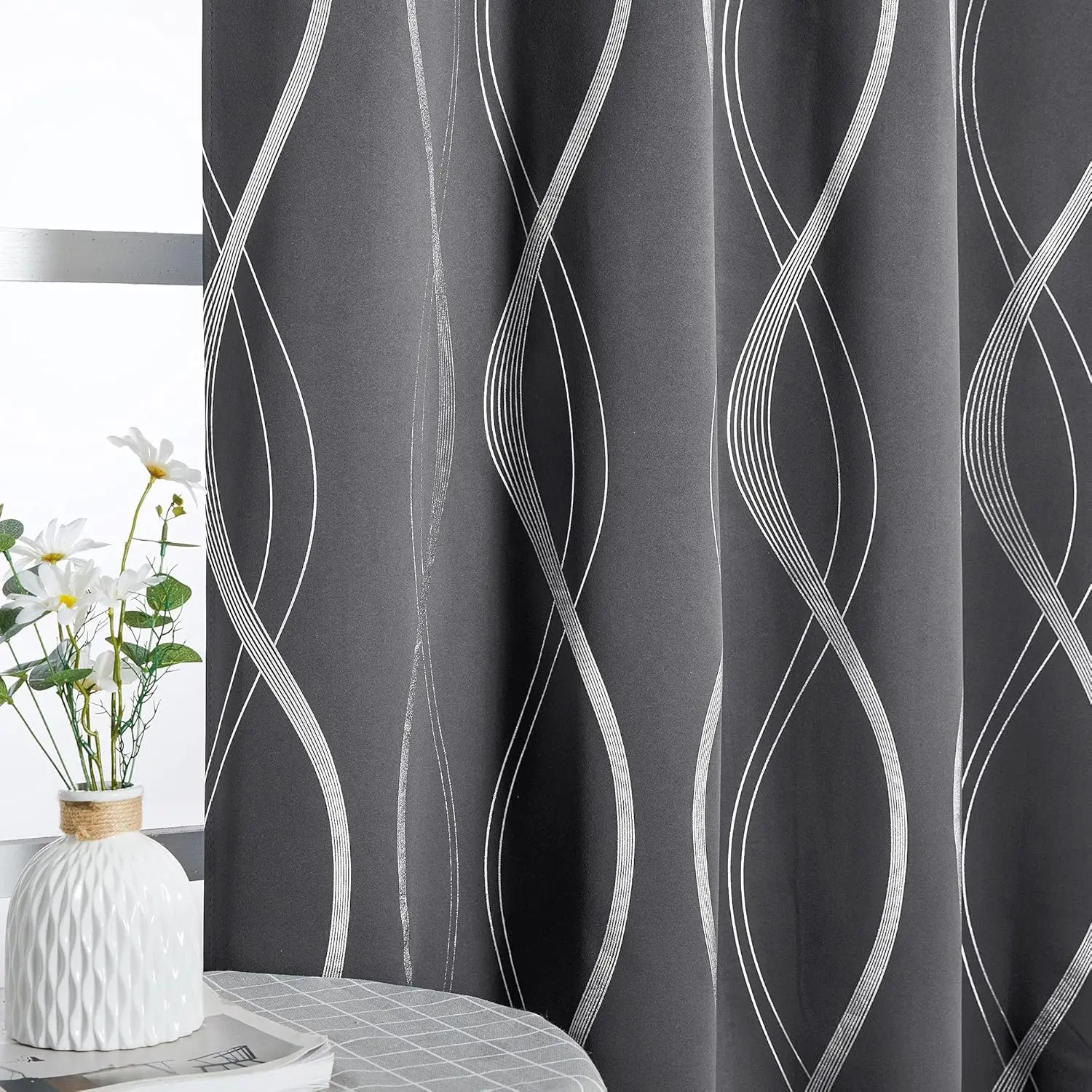 NICETOWN Small Blackout Cafe Curtains 63 inch Length, 42 x 63 Grey RV Window Treatment Thermal Insulated Grommet Room Darkening Wave Line Foil Print Design Drapes for Kitchen, Loft (Set of 2)