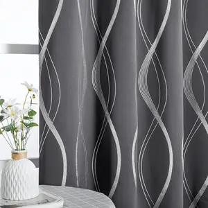 NICETOWN Small Blackout Cafe Curtains 63 inch Length, 42 x 63 Grey RV Window Treatment Thermal Insulated Grommet Room Darkening Wave Line Foil Print Design Drapes for Kitchen, Loft (Set of 2)