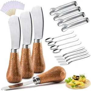 4Pcs/Pack Vertical Cheese Spreader with Wooden Handle Cute Standing Butter Knife Stainless Steel Mini Serving Tongs Spoons Forks for Fruit, Picnic,Charcuterie