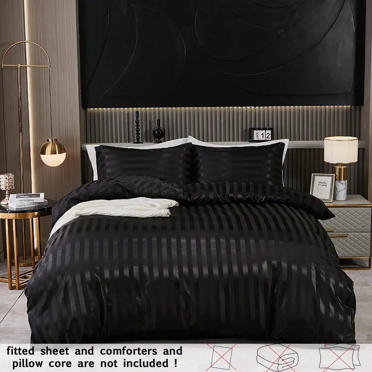 3PCS Hotel Luxury Satin Stripe Duvet Cover Set, Striped Duvet Cover, King/Queen Size Bedding, Soft Microfiber Cotton Feel with Zipper Closure, Wrinkle Free & Hypoallergenic, Includes 1 Duvet Cover + 2 Pillowcases for All Seasons