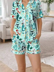 Aqua Retro Mermaids Teal Pinup Girls Martini Mermaids Short Sleeve Satin Pajama Set