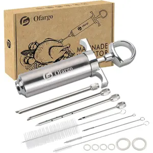 Ofargo 304stainless steel meat injector syringe kit with 4 marinade needles for bbq grill smoker 2oz large capacity both paper user manual and ebook recipe