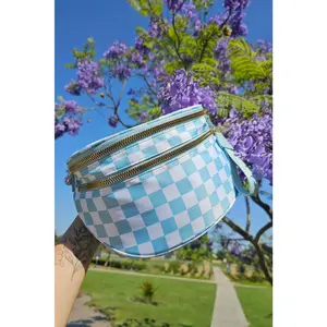 Mist Blue Checkered Print Wide Strap Large Crossbody Bag