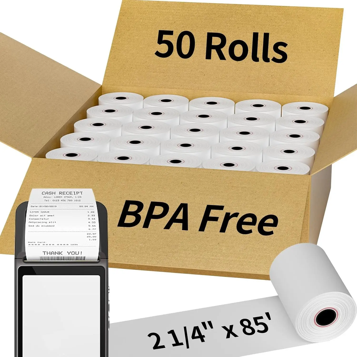 (50 Rolls) 2 1/4" x 85' Thermal Receipt Paper Rolls, Cash Register POS Thermal Paper, Credit Card Thermal 2 1/4 in x 85 ft.