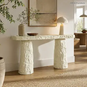 53.94" Long Stone Texture Fiberglass Console Table, Modern Rustic Minimalist Indoor Furniture with Oval Top and Irregular Pillars for Living Room, Hallway Entryway