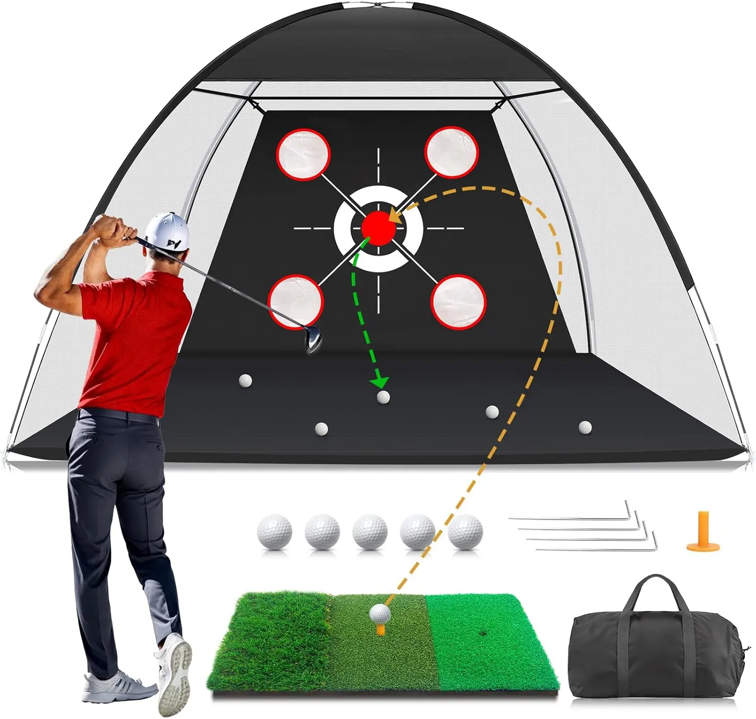 Golf Net with Practice Mat,Golf Hitting Aid Nets 10x7FT for Backyard Driving Chipping Training Swing with Target Mat Balls for Outdoor Indoor, Gifts for Men Dad Him and Golfer
