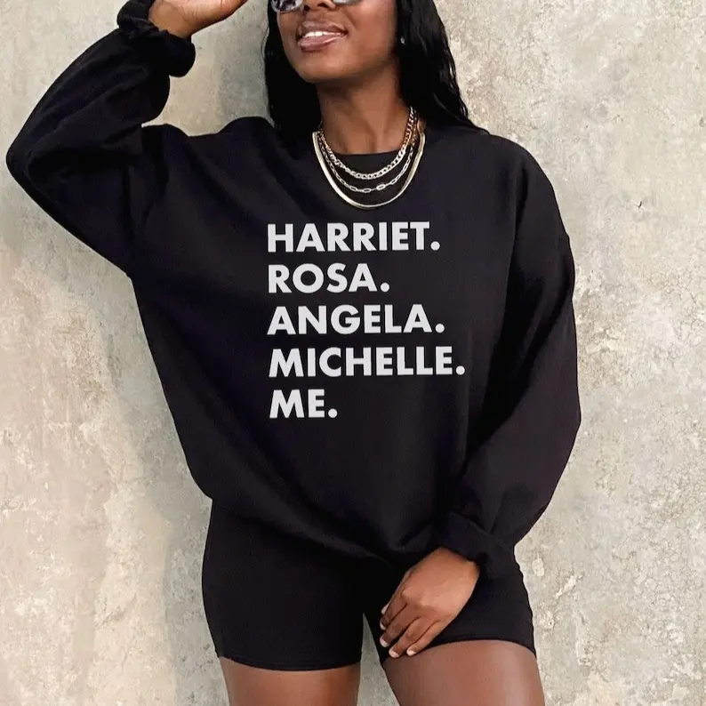Women's Pullover Sweatshirt, Retro Black Names Hariet Róa Angela Michelle Me Long Sleeve Crew Neck Pullover Tops, Black Women Gifts