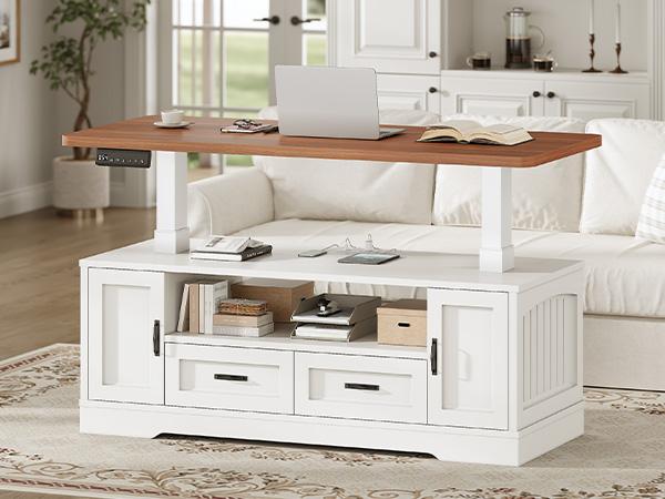 SEDETA 47.2" Electric Standing Coffee Table with Storage, Farmhouse Lift Top Coffee Table with Drawers and Open Shelves, Height Adjustable Tables with Power Outlet, for Living Room