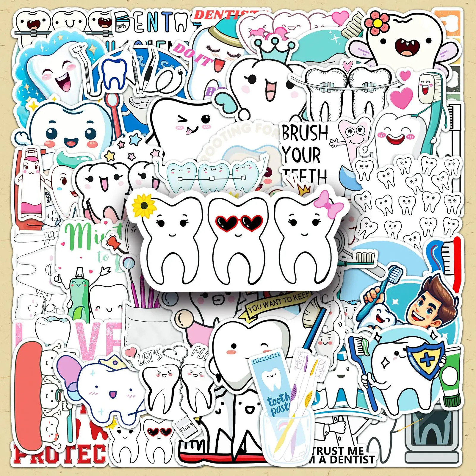 Tooth Pattern Sticker, 100pcs/set Cute Cartoon Tooth Decals, DIY Decorative Stickers for Phone Case, Laptop, Guitar, Bag, Water Cup, Scrapbook Accessories