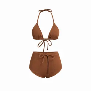 Cider Halter Neckline Texture Drawstring Shorts Bikini Set