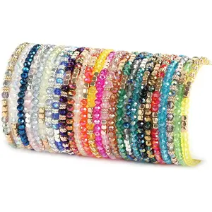 26Pcs Boho Beaded Bracelets for Women Colorful Stackable Sparkly Crystal Beads Bracelets Multi-Layer Versatile Statement Bracelets Stretch Cuff Jewelry Gif
