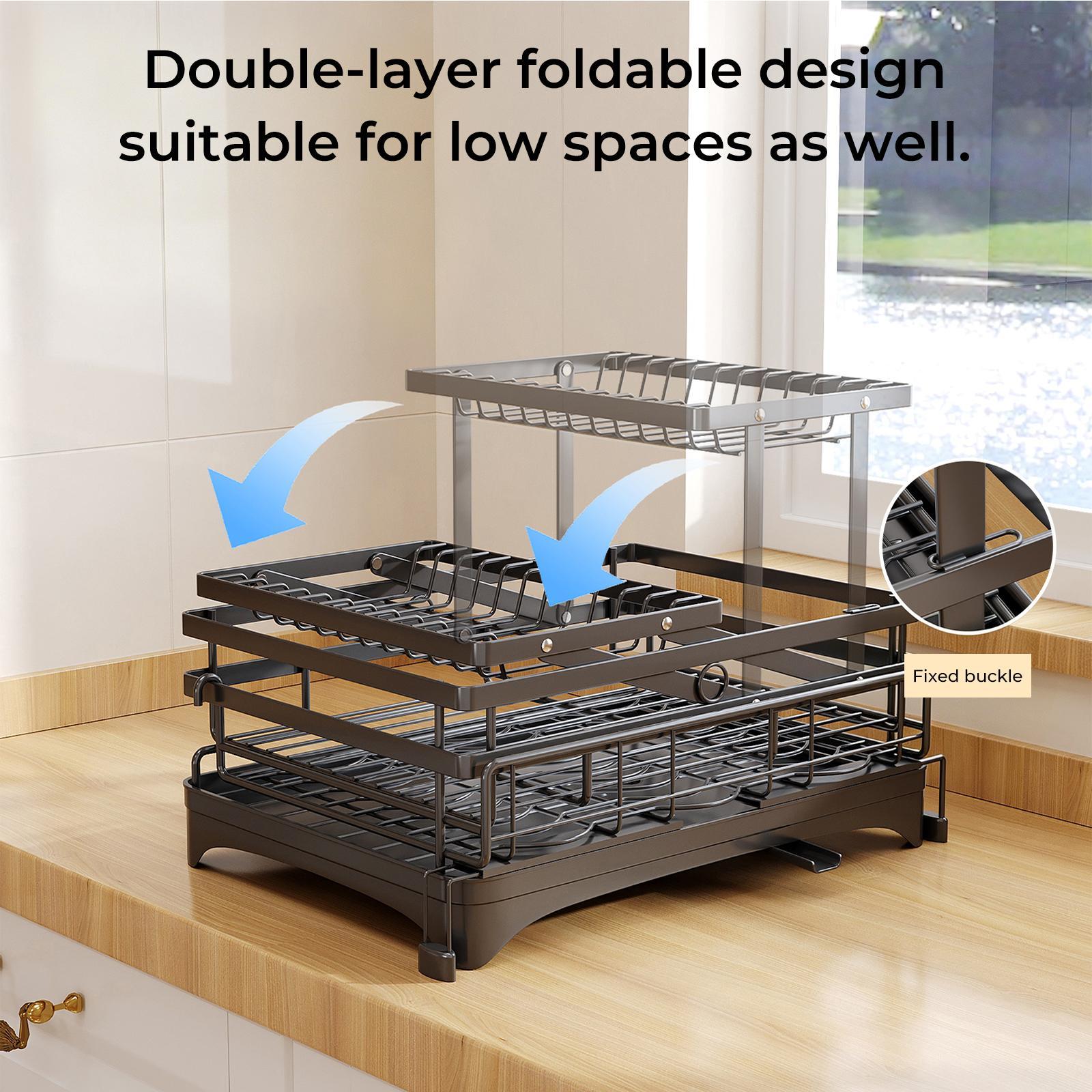 UFORU Double-Layer Foldable Dish Rack with Drip Tray - High Capacity Kitchen Counter Organizer, 1 Unit Collapsible Utensil Organiser for Small Home Countertops