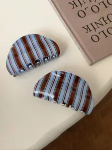 Women's Blue Coffee Stripe Hair Claw Clip, Acrylic Vintage Style Hair Accessory, High-End Multi-Purpose Ponytail Holder Pigtails