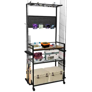 Fishing Rod Holders for Garage, 3-Tier Fishing Pole Rack Holds 12 Rods with Hooks & Pegboard, Rolling Tackle Box Storage Cart with Lockable Wheels for Winter Fishing, Black