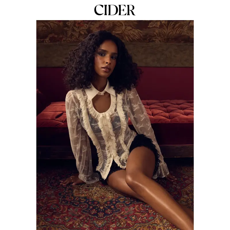 Cider Sheer Lace Cut Out Ruffle Lantern Sleeve Blouse