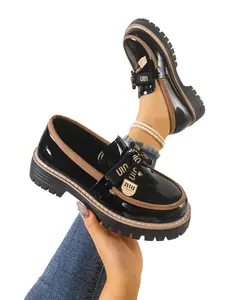 Women's Letter Webbing Bow Metal Decor Round Toe Thick Sole Loafers, British Academy Style Daily Commute Shoes, Glossy Leather Platform Shoes