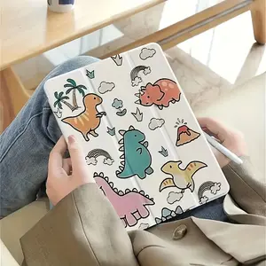 3-Fold Stand Case for iPad 9/11/A16/M3 (10. 2" & 11")/Air 5/12. 9 (2020) - Cute Dinosaur Cartoon Design with Adjustable Magnetic Stand, Auto Sleep/Wake, Transparent Shockproof Silicone Cover & Built-in Apple Pencil Holder, Reading Accessory, Playful Tech