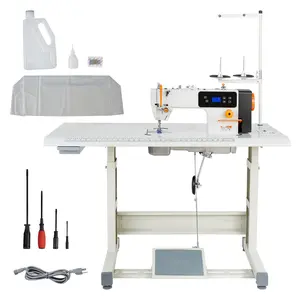 Industrial 550W Lockstitch Sewing Machine Set With Servo Motor And Table Stand, High Speed 5000 SPM, All Metal Frame, LCD Panel, Bright LED Work Light, Quilting And Garment Sewing For Cotton Wool Denim Leather Canvas