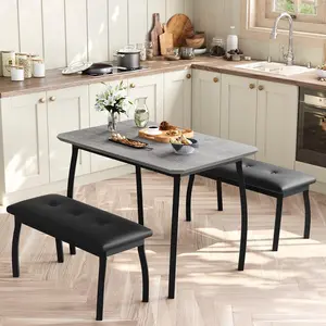 43'' Dining Table with 2 Upholstered Benches,  Heavy Duty Metal Frame, 3-Piece Kitchen Furniture for Small Spaces, Studio, Restaurant, Home, Gray