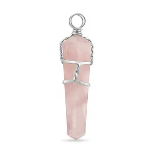 Galilea Rose Quartz 32.00 ctw Taper Point Pendant in Silvertone with Stainless Steel Necklace 20 Inches