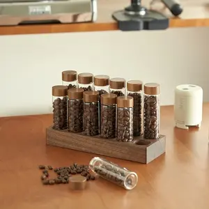 Coffee Bean Storage Container with Walnut Solid Wood Base, 12 Tubes Single Dose, Coffee Bean Container with Wooden Holder Type 2