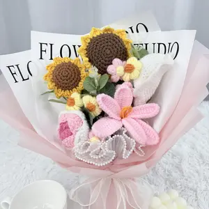 Crochet Flower Bouquet, Crochet Flowers for Graduation Gift, Handmade Sunflowers Tulips Roses 7Pcs, Wedding Bouquet, Home Decor, Anniversary, Birthday Gift for Women Wife Lover Friends (Sunflower)