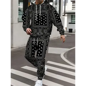2pcs Men's Allover Paisley Print Print Long Sleeve Hoodie + Pants Set, Casual Co-ord Set For Winter And Autumn