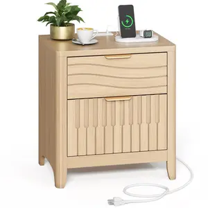 Sikaic Fluted Nightstand with 2 Storage Drawers for Bedroom, Mid Century Fluted Modern Bedside Table with Charging Station, Curved Corner & Metal Handle