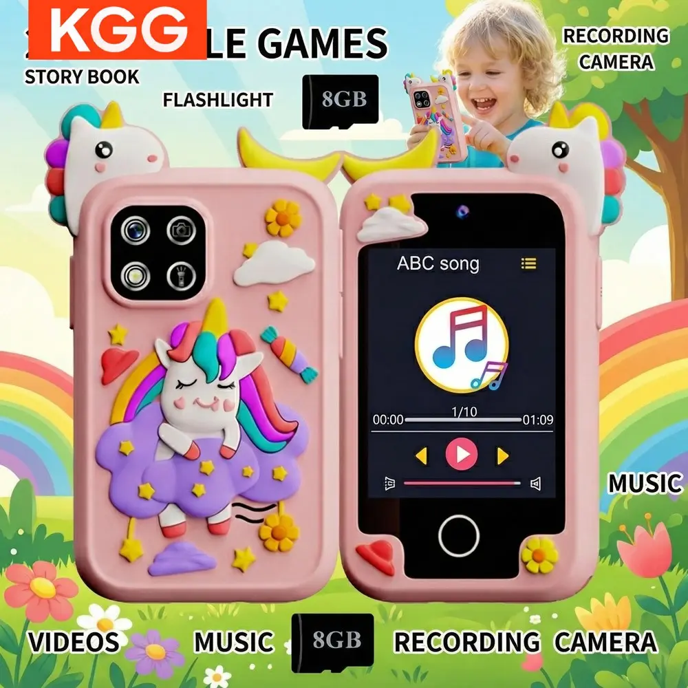 KGG Cute Cartoon Kids Learning Phone with 8GB Memory & Dual Cameras, featuring stories, music, video, calculator, 20 educational games and 12 habit trackers, a multifunctional learning toy for boys and girls, Word Learning Machine