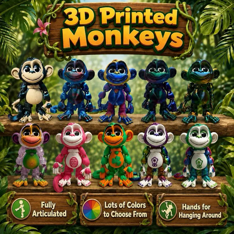5” 3D Printed  Monkey Figurines - Fully Articulating Animal Figurines, Decorative Sculptures with Hanging Hands, Home Decor Ornaments for Home Supplies