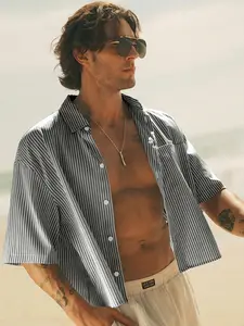 Men's Casual Striped Fashion Shirt, Summer Vacation High Street Vintage Style, Fitted Woven Fabric, Trendy Outdoor Wear