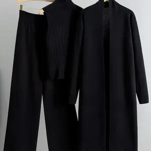 Trendy Knit Turtle Neck Tank & Wide Leg Trousers With Open-Front Long Cardigan Three-Piece Sets